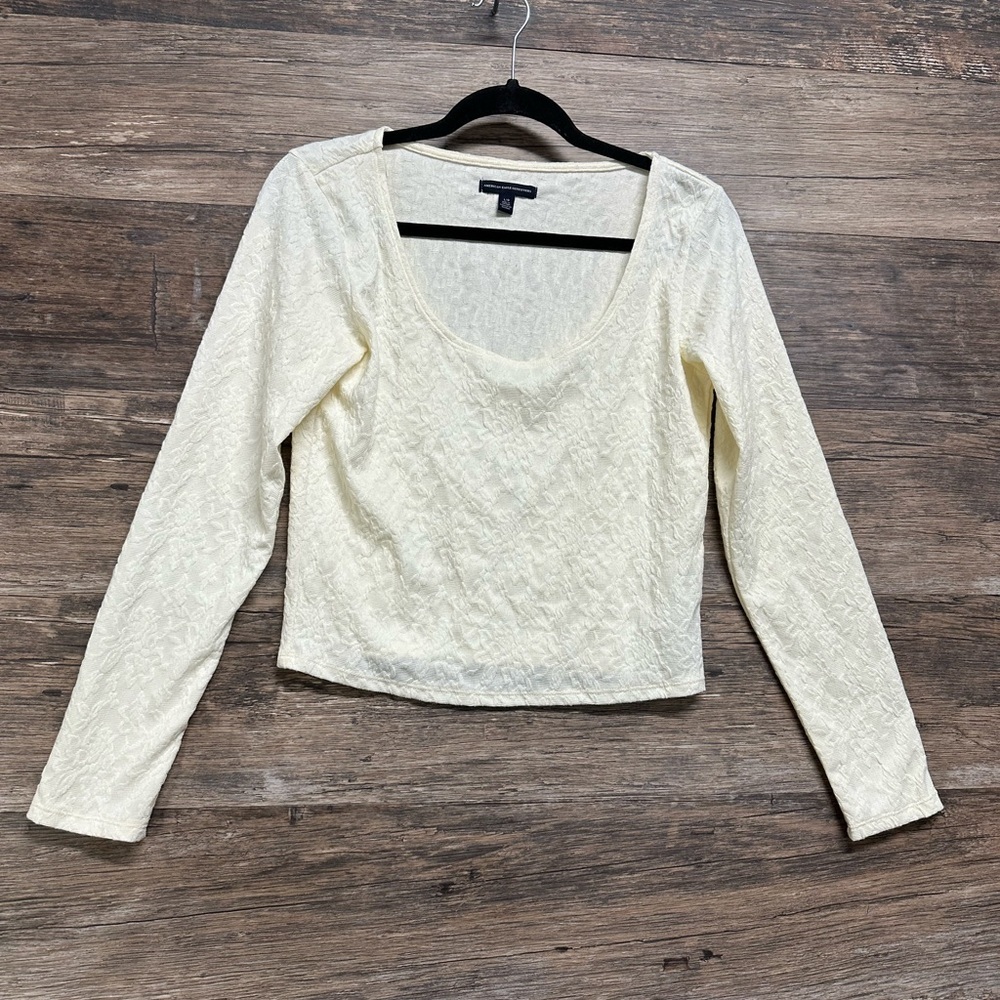 American Eagle Outfitters Cream Fitted Lace Cropped Long Sleeve Blouse